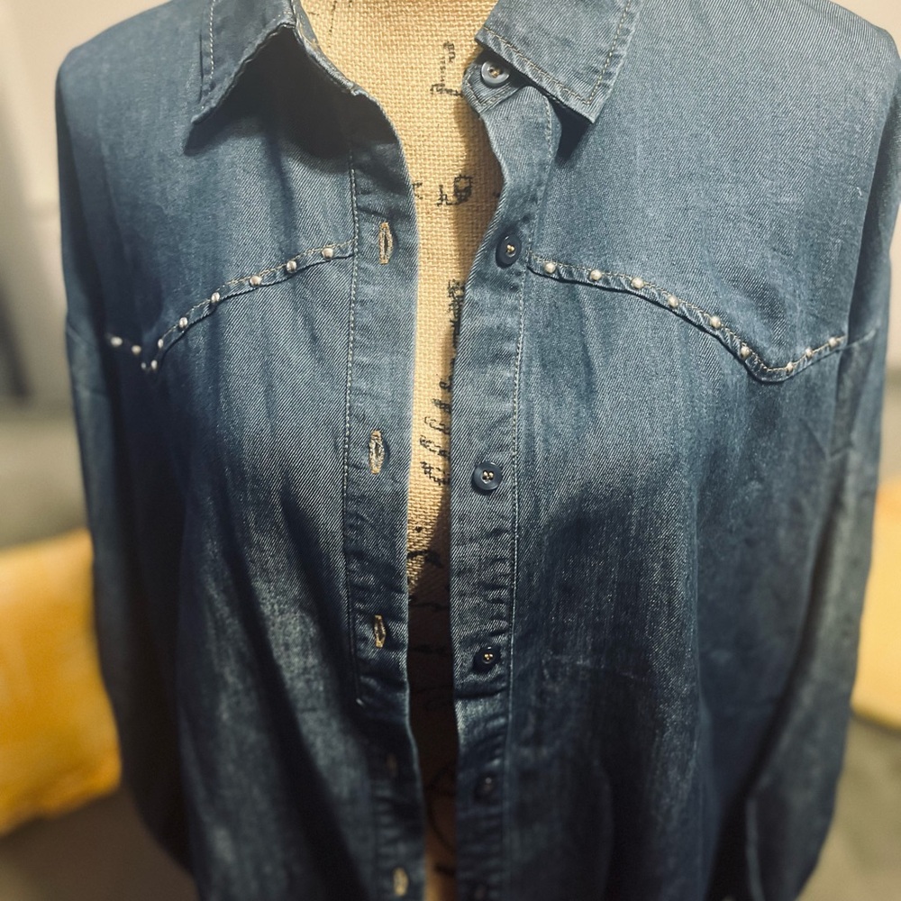 Studio Dark Blue Denim Button-Up Top - Picture 9 of 14